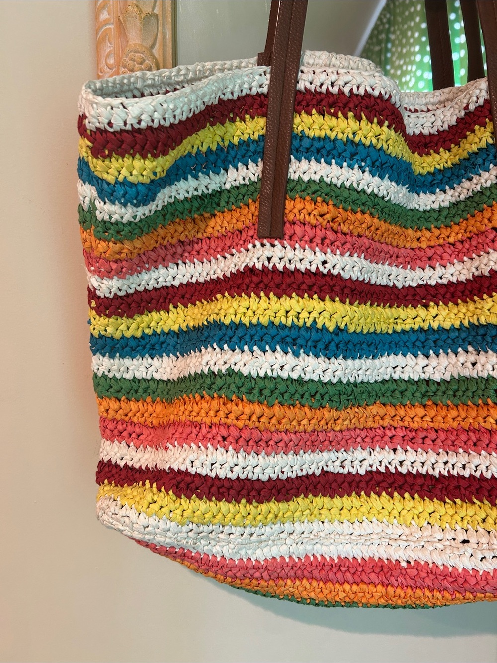 J. Crew Multicolor Striped Crochet Tote Bag with Brown Handles - Picture 2 of 10